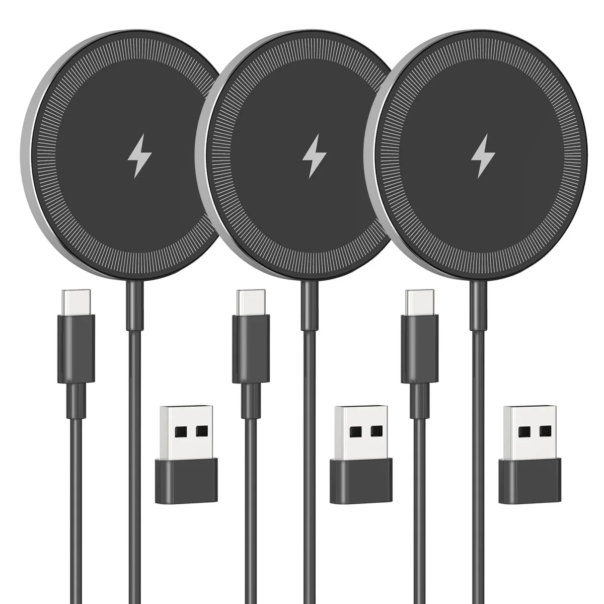 Three thin circular magnetic wireless charging pads in a set
