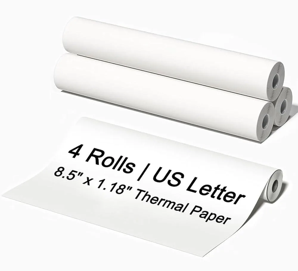 Four rolls of white US Letter thermal paper, uncoated finish