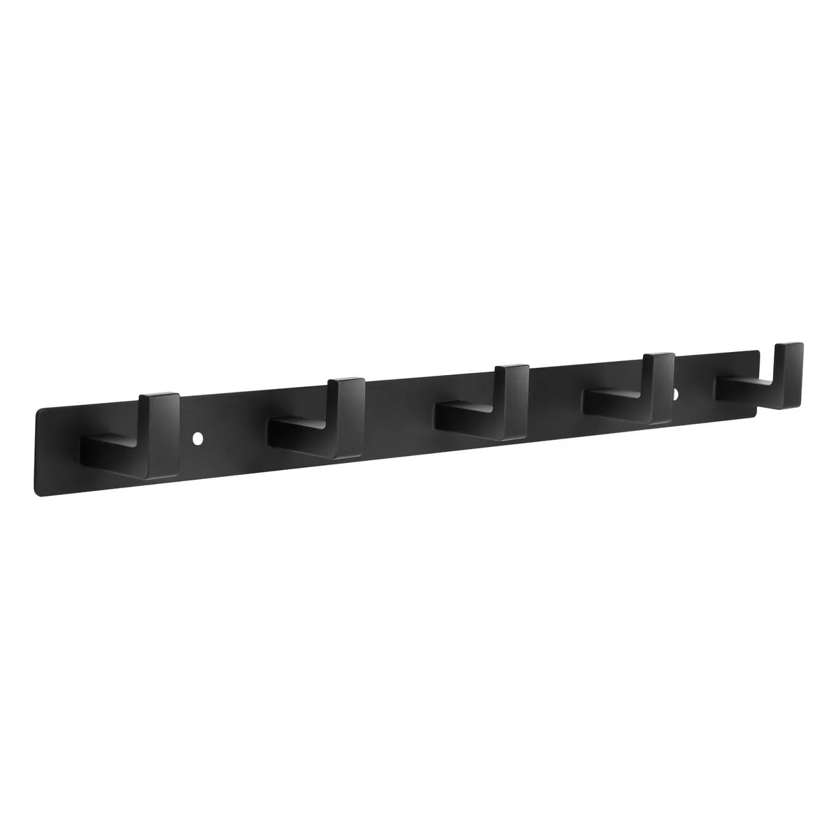 Black metal coat hanger with five evenly spaced hooks, matte finish, wall-mounted design