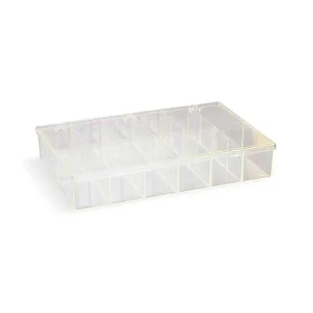 Clear rectangular plastic box with twelve compartments