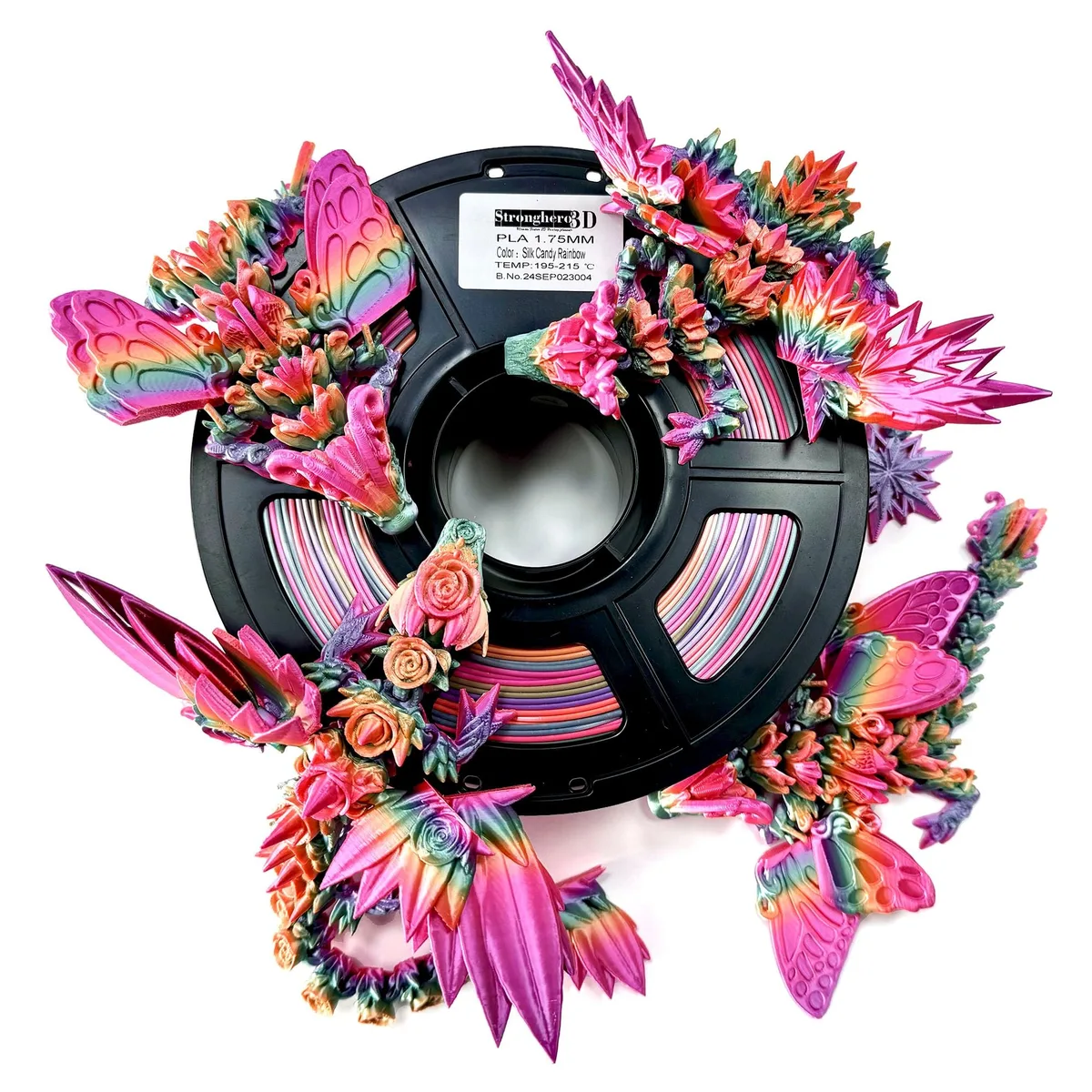 Spool of multicolour silk PLA filament with glossy rainbow finish