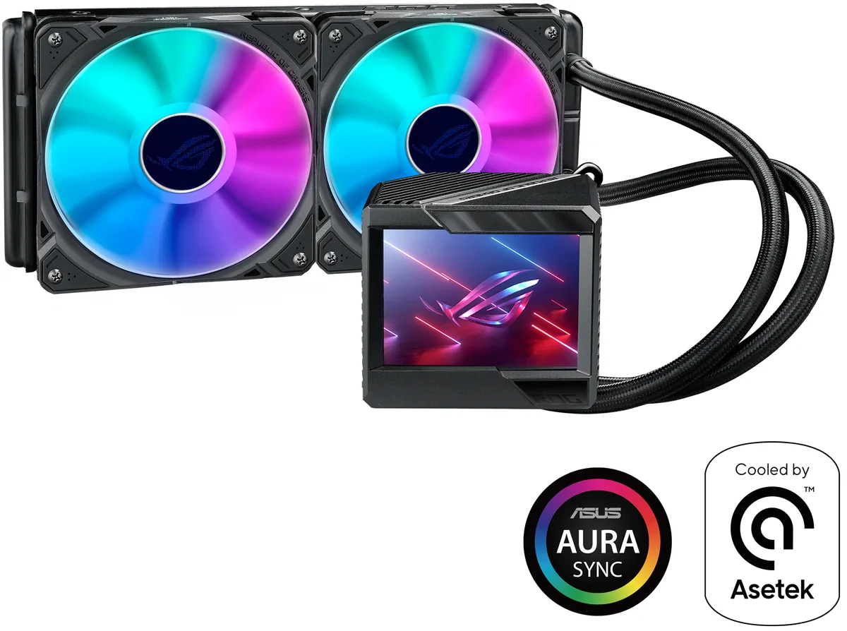 Black rectangular water block with 3.5 inch LCD screen, two 120 mm ARGB fans on aluminium radiator, sleeved rubber tubes