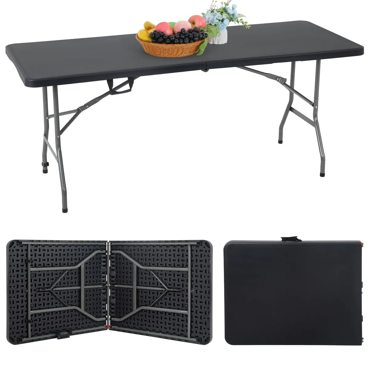 Black 6 ft folding table with white plastic top and powder-coated steel legs, folded flat with carry handle