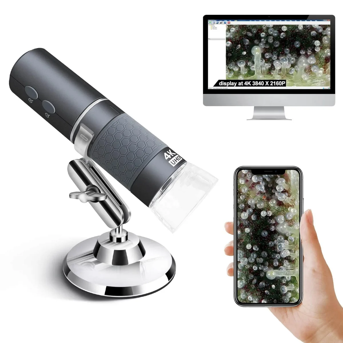 Grey cylindrical digital microscope on metal stand with LED ring light