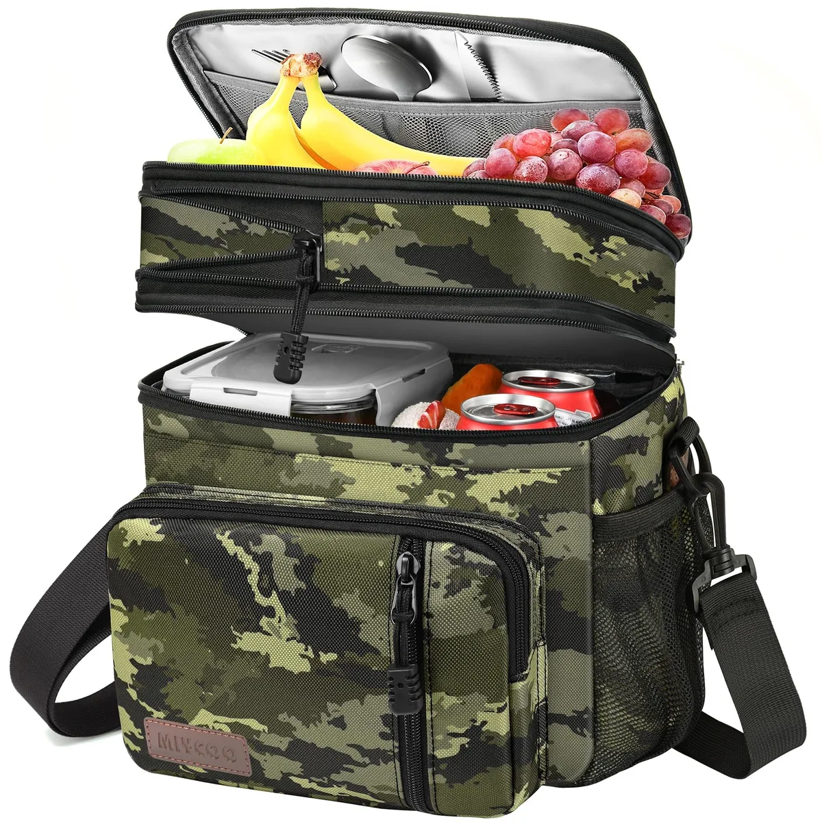 Camouflage double-deck insulated lunch bag, soft-sided, 15L capacity