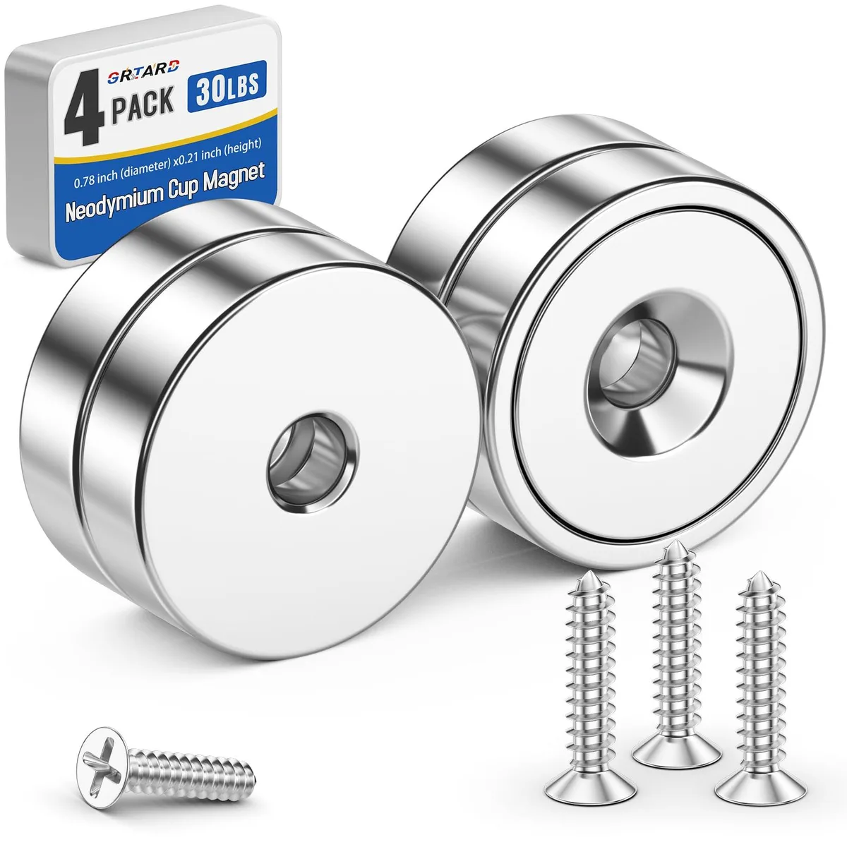 Four silver cup magnets with countersunk holes and stainless screws