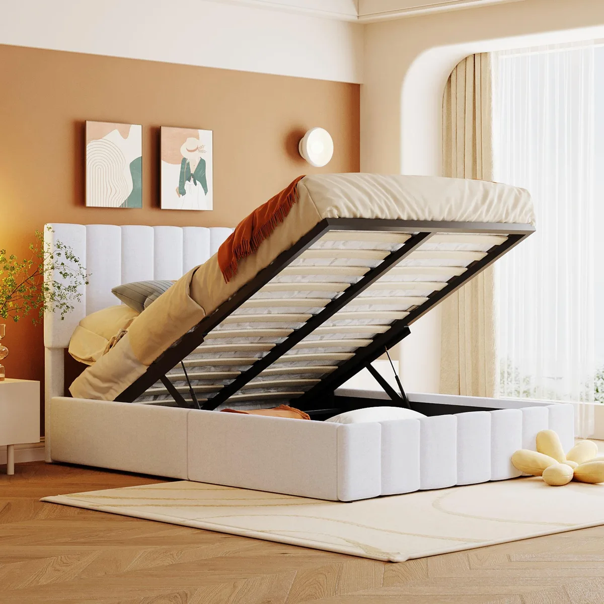 White upholstered full size platform bed with hydraulic storage and linen headboard