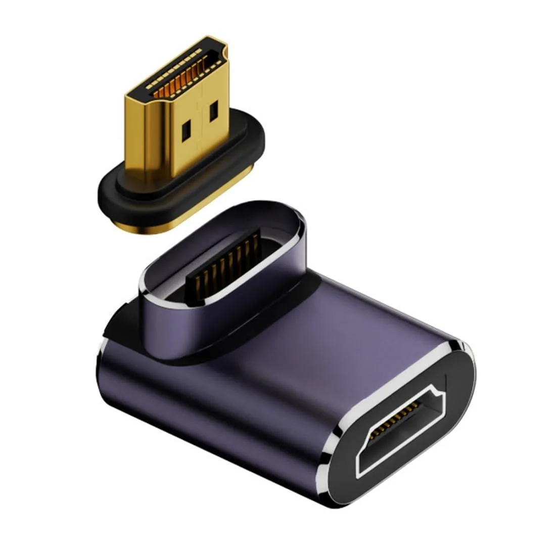 Compact black HDMI adapter with 90-degree down angle and magnetic connector, LED indicator light