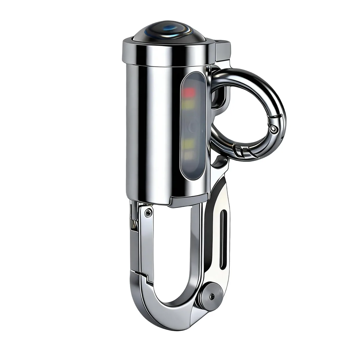 Silver keychain flashlight, rectangular metal body with clip and ring