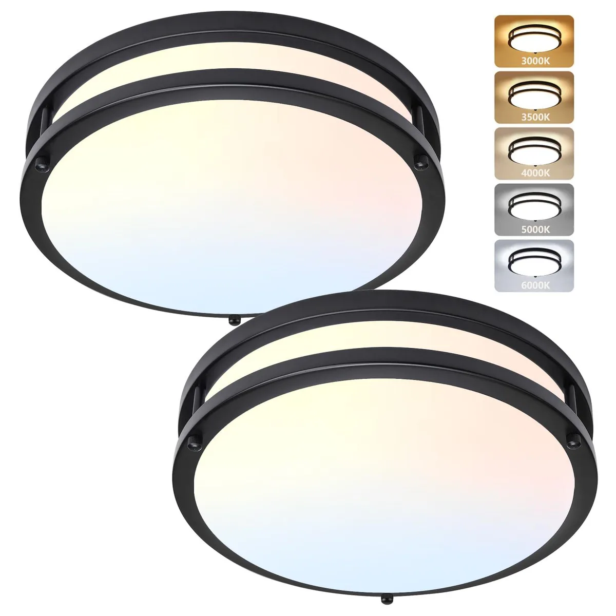 Two black 12-inch flush-mount ceiling lights with double-ring frames and frosted lenses