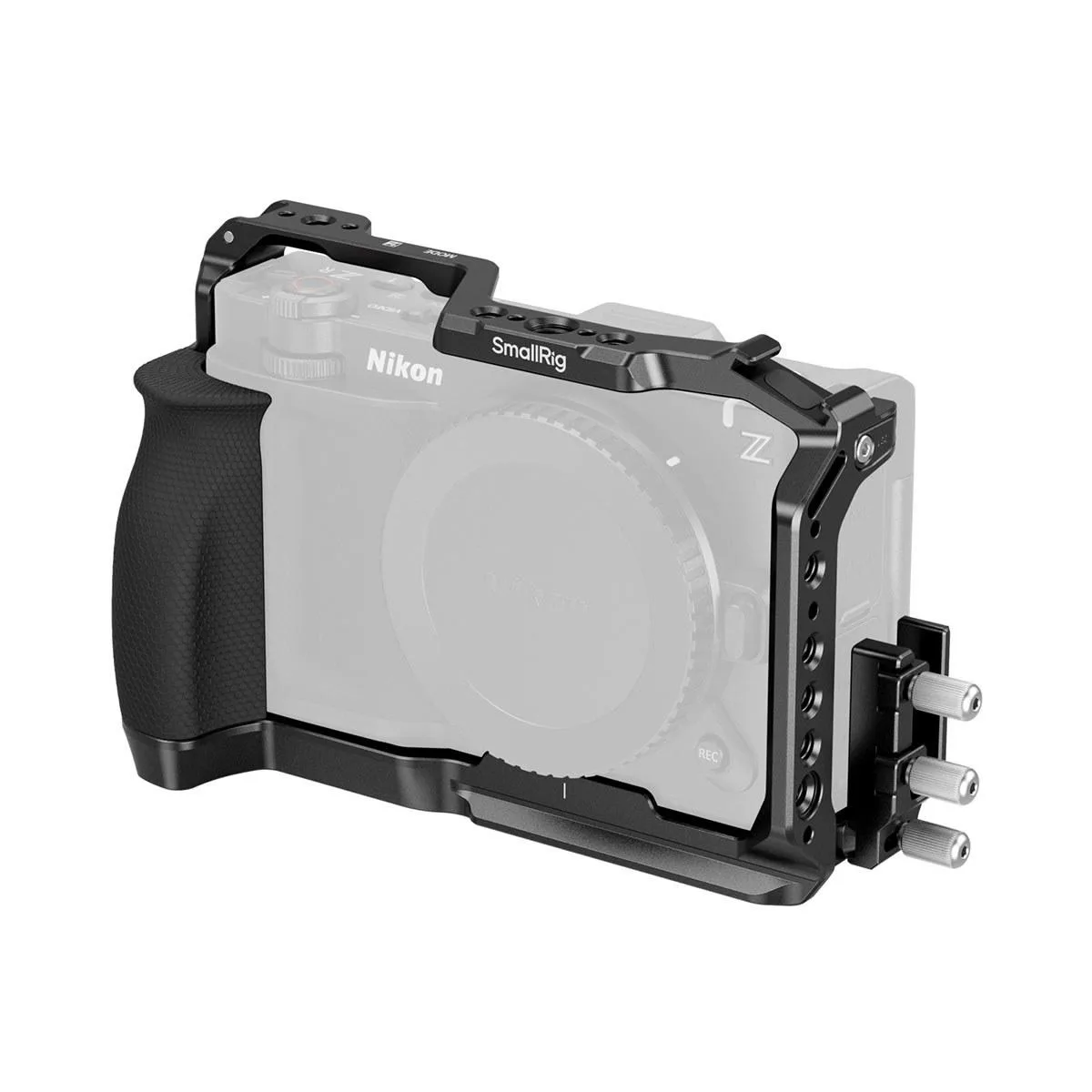 Black aluminium cage with silicone grip for Nikon ZR camera, multiple mount points and cable clamp