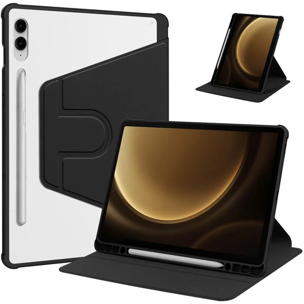 Black folio case with clear hard back, rotating kickstand and pencil holder for 12.4" tablet