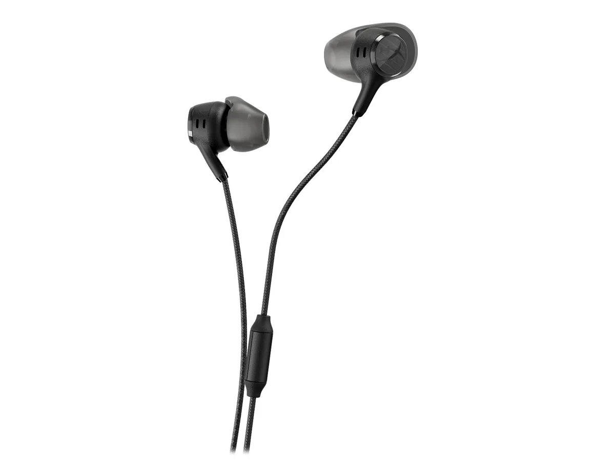 Black in-ear earbuds with a compact charging case