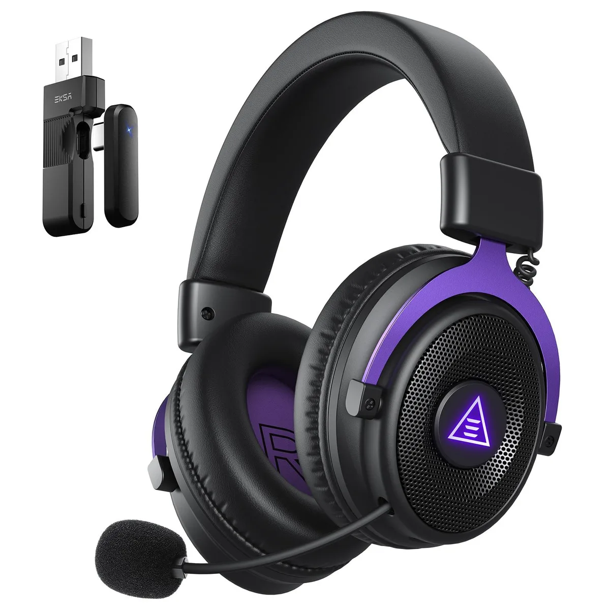 Purple over-ear wireless gaming headset with LED lighting and boom microphone