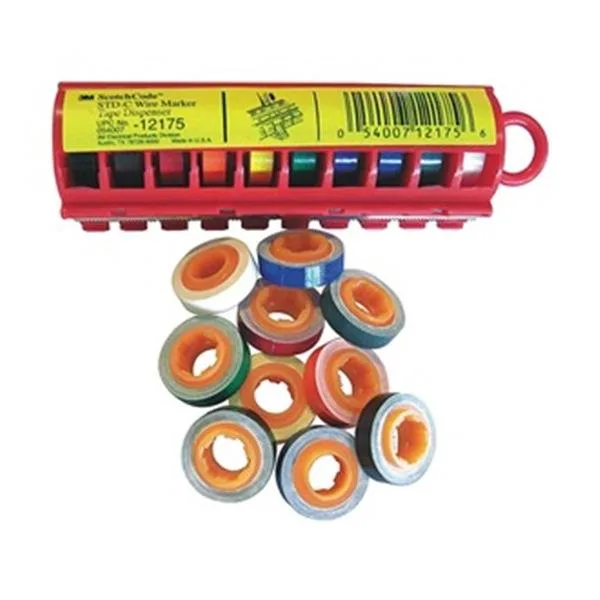 Compact plastic dispenser holding rolls of coloured polyester wire marker tape in ten colours