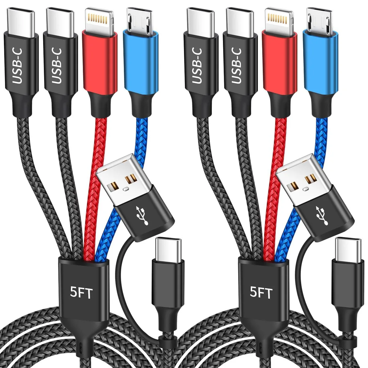 Two orange multi-charging cables with dual USB-C and USB-A connectors, 5 ft length