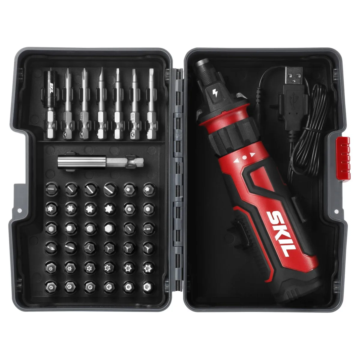 Skil 4V cordless screwdriver in black with 45-piece bit set and carrying case
