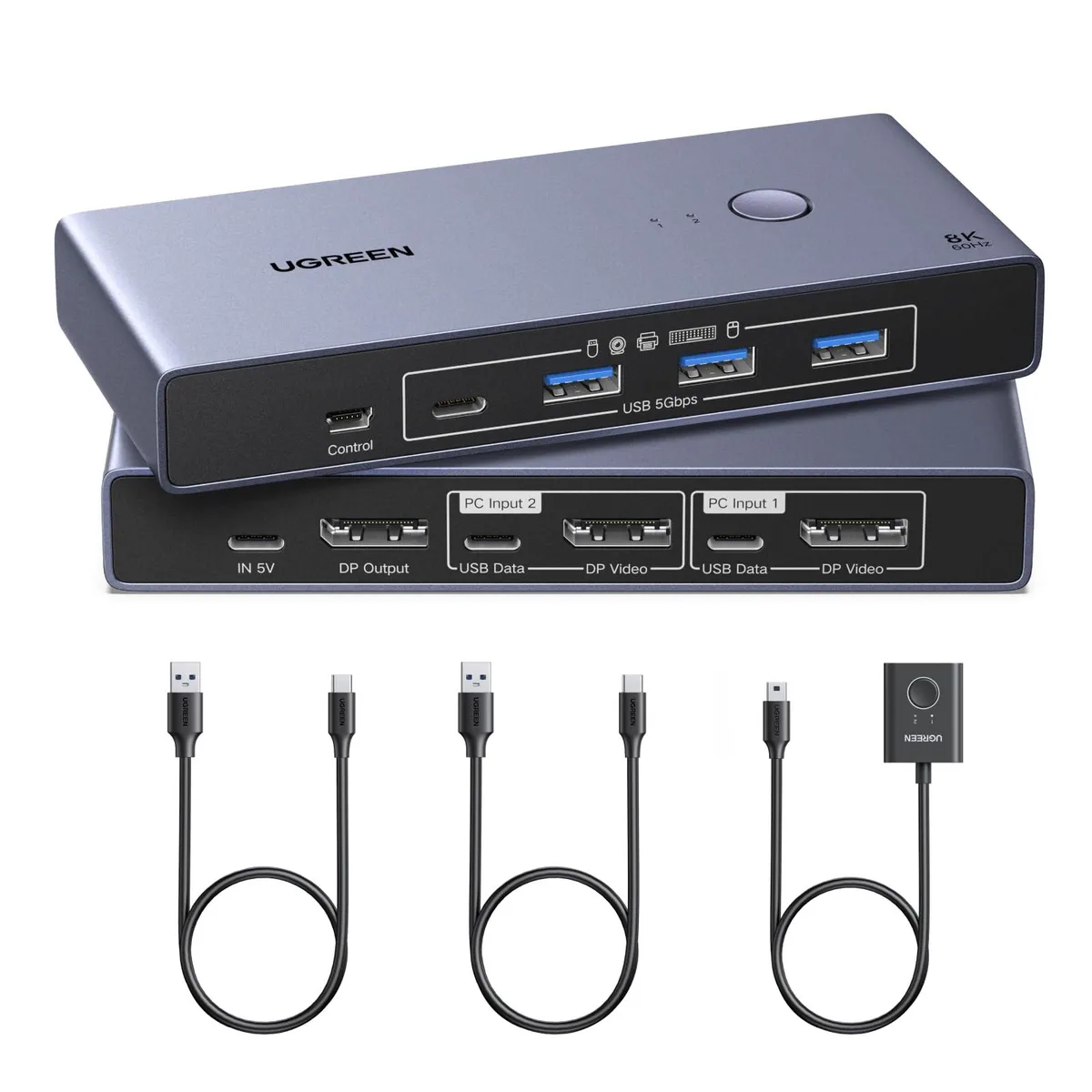  UGREEN 25962A DisplayPort KVM Switch 2 Computers 1 Monitor 4 USB 3.0 8K@60Hz 4K@240Hz Aluminum — product photo