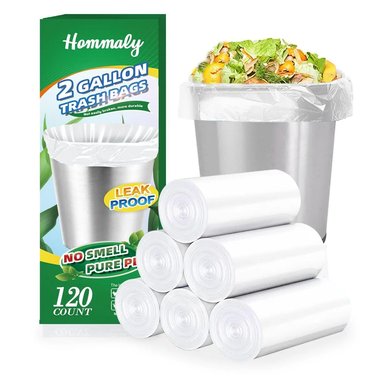 Clear plastic roll of 120 small 2-gallon trash bags on white core