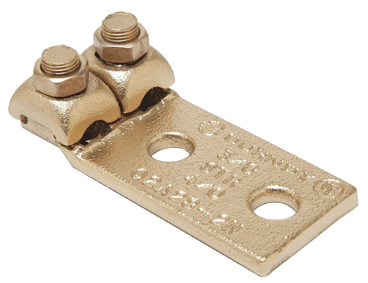 Copper two-conductor terminal with dual hex-head bolts, 2.88 in long