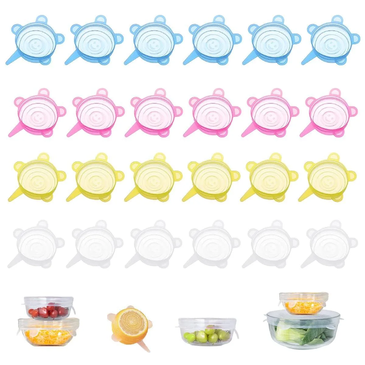 Twenty-four round blue silicone stretch lids with small claw handles, each about 2.6 inches diameter