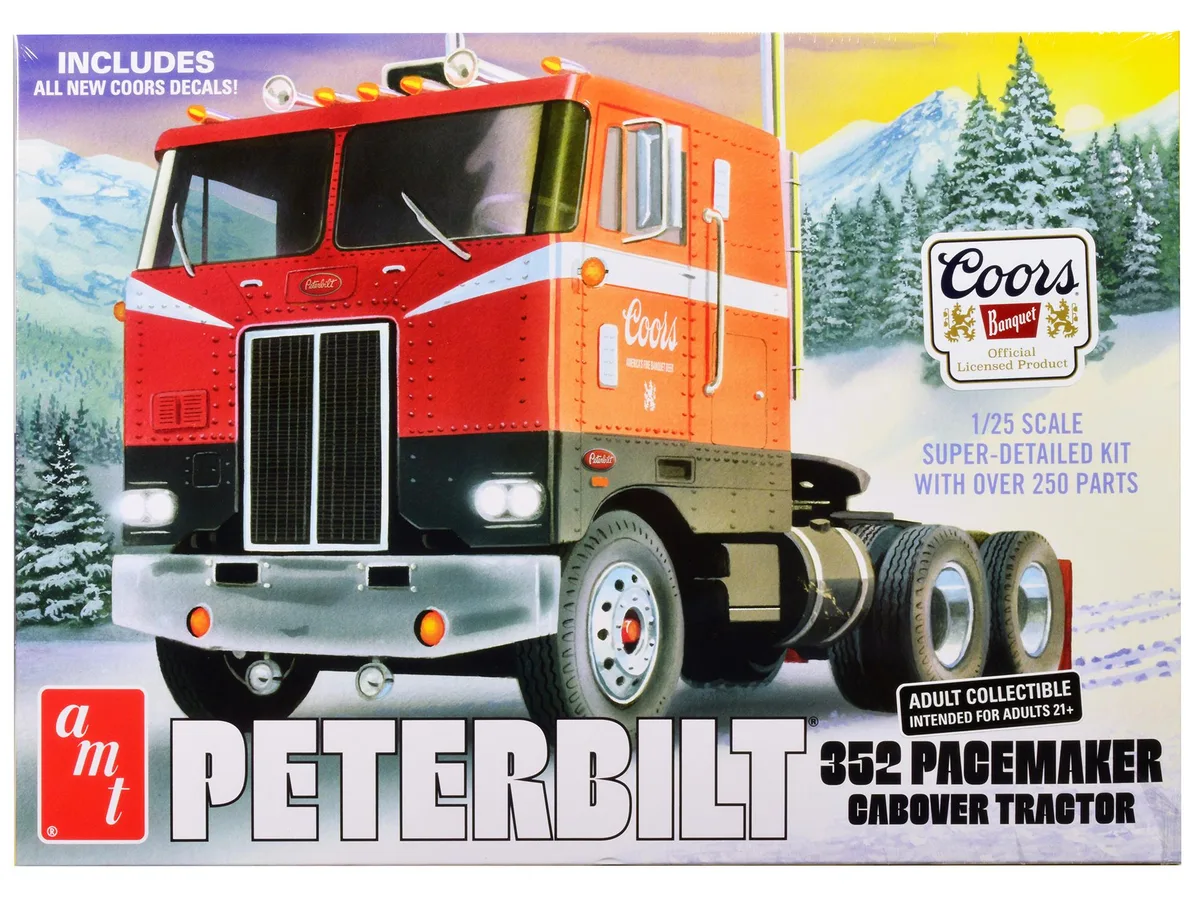 Unassembled 1/25 scale Peterbilt 352 cabover tractor kit in white plastic with chrome parts and Coors decals