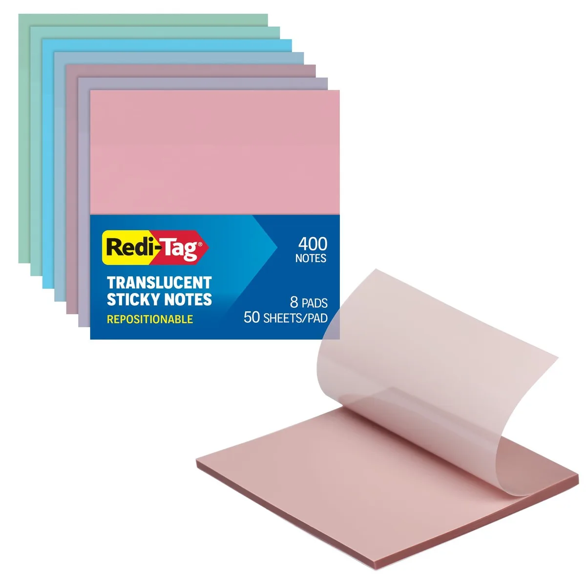 Eight square pads of translucent pastel sticky notes, 3x3 inches each