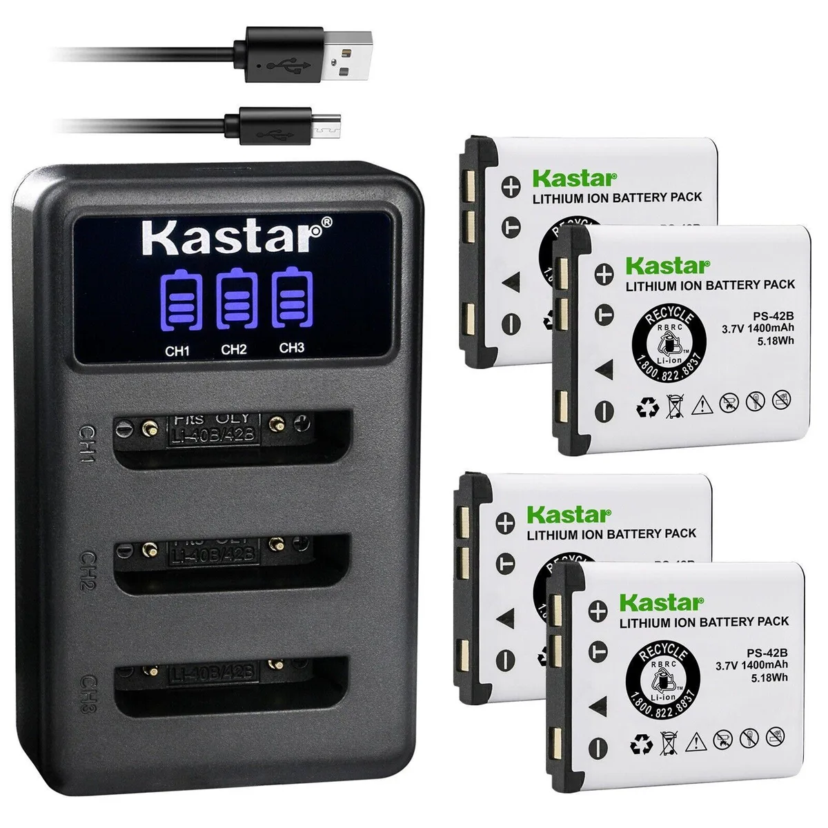 Kastar Kastar LI-42B 4 Pack Battery and LCD Triple USB Charger — product photo