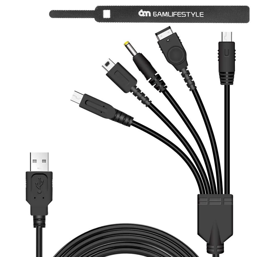 Black 5-in-1 USB charging cable with multiple connectors, 3.9ft long, includes cable tie