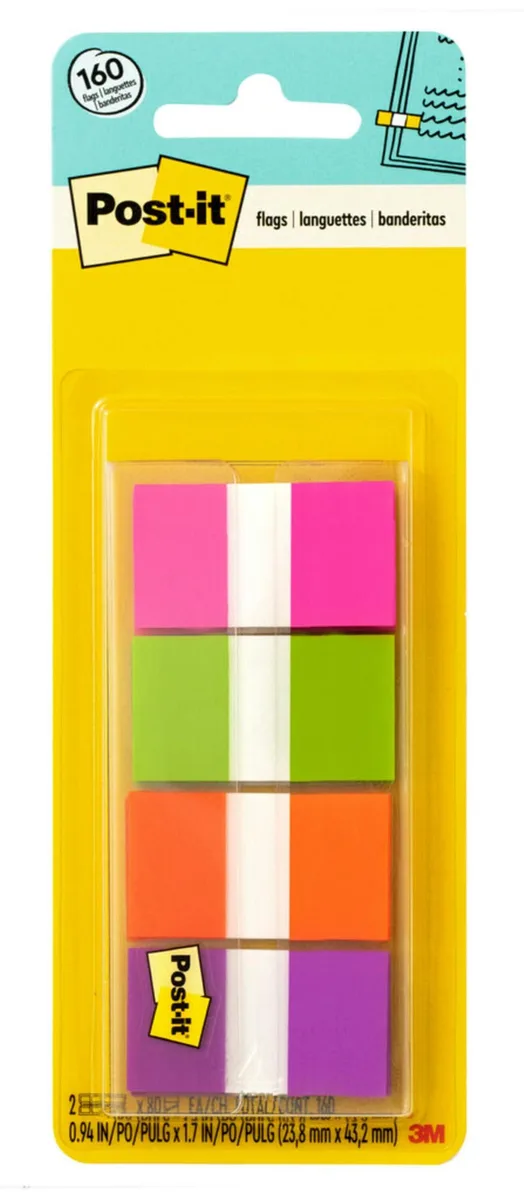 Two small pop-up dispensers holding multicolor plastic flags in orange pink purple and green