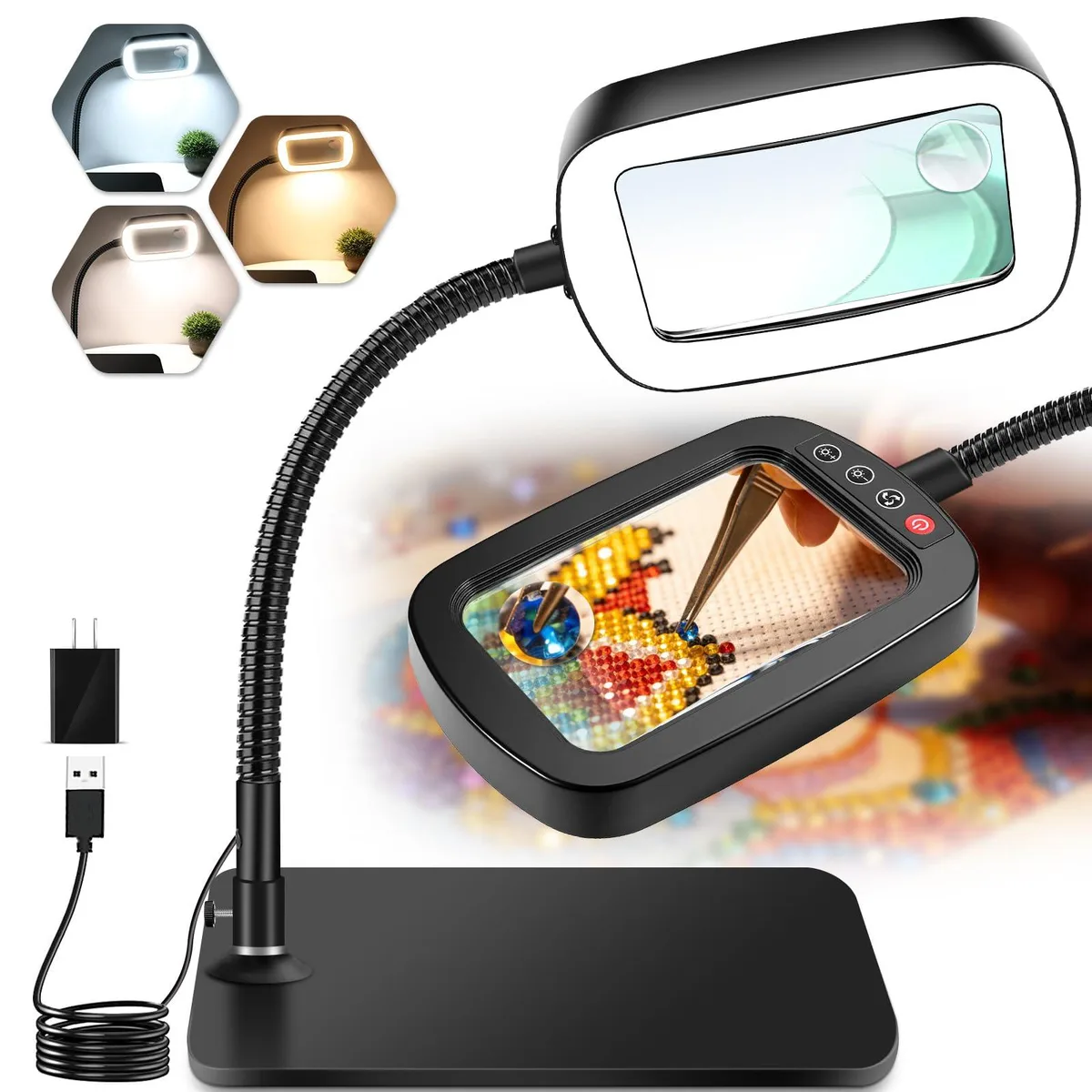Black 5-inch acrylic magnifier on flexible arm with round rectangular base, 72 LEDs, 10x and 30x lenses