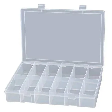 Clear rectangular plastic box with 12 fixed compartments and snap closure