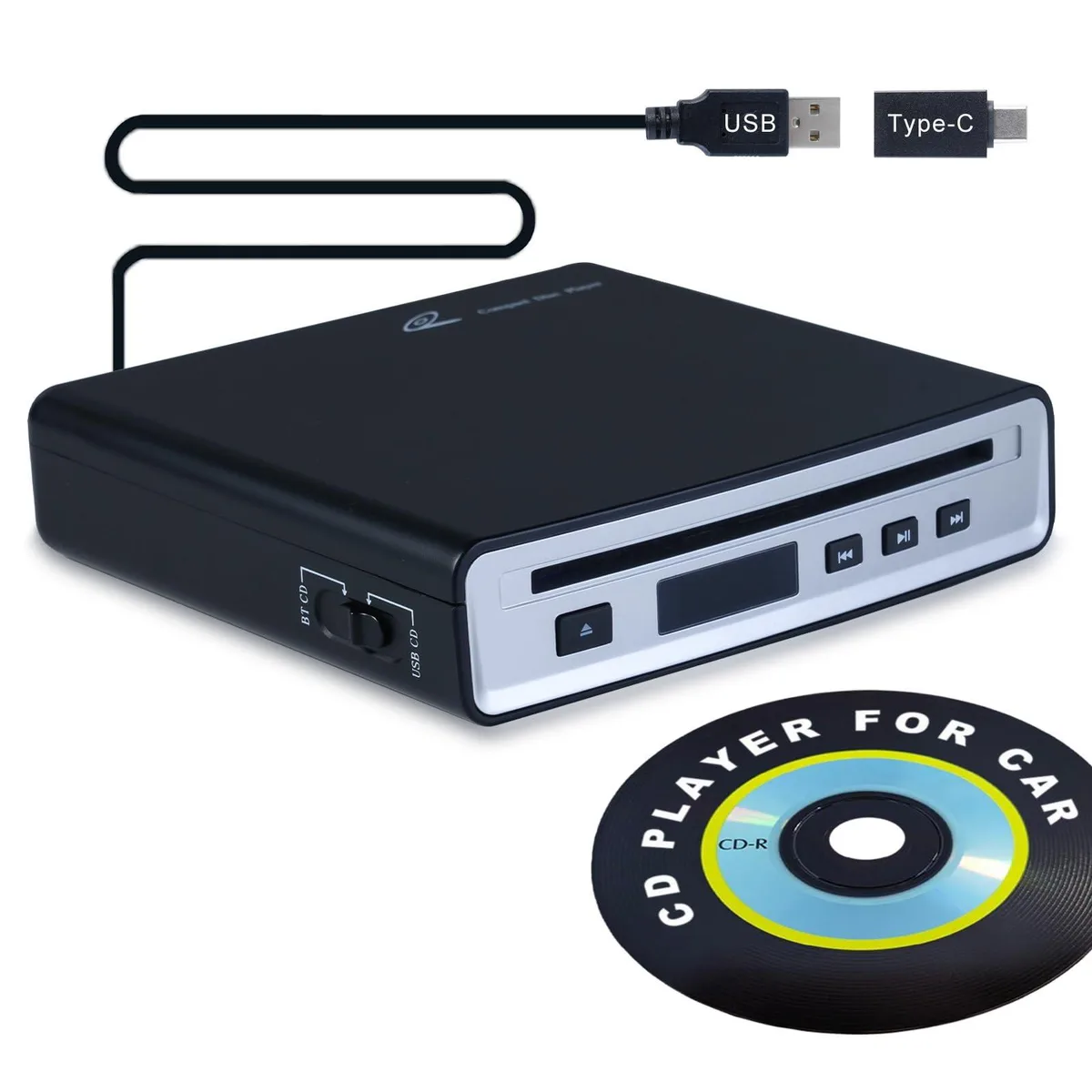  Portable External Car CD Player Black with USB Bluetooth Dual Connect and SX-31BT Headphones — product photo