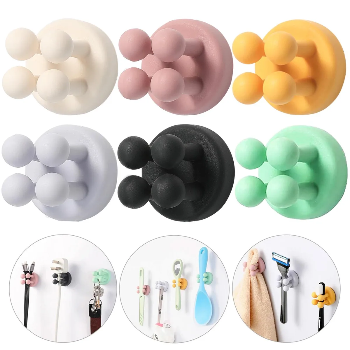Six small square silicone holders with four flexible legs each, pale colour, self-adhesive backs