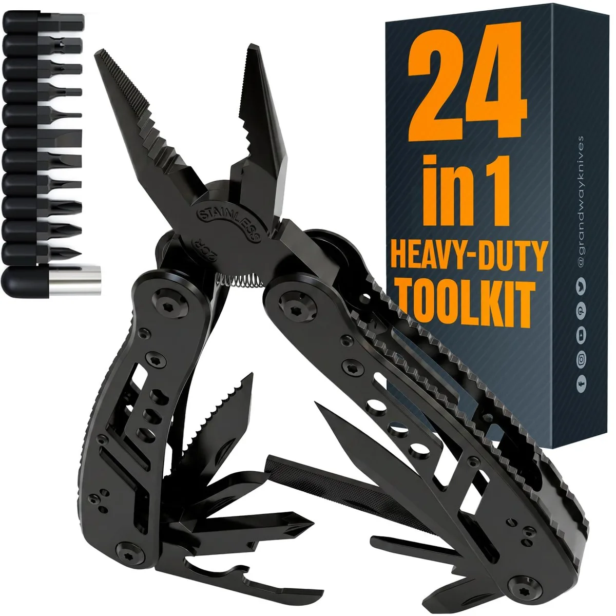 Black stainless steel multitool with pliers, knife and 11 magnetic bits in nylon sheath