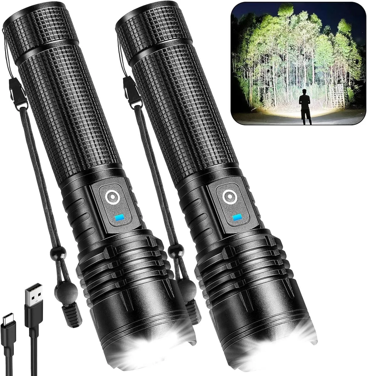 Two compact aluminium flashlights with adjustable heads and USB charging ports