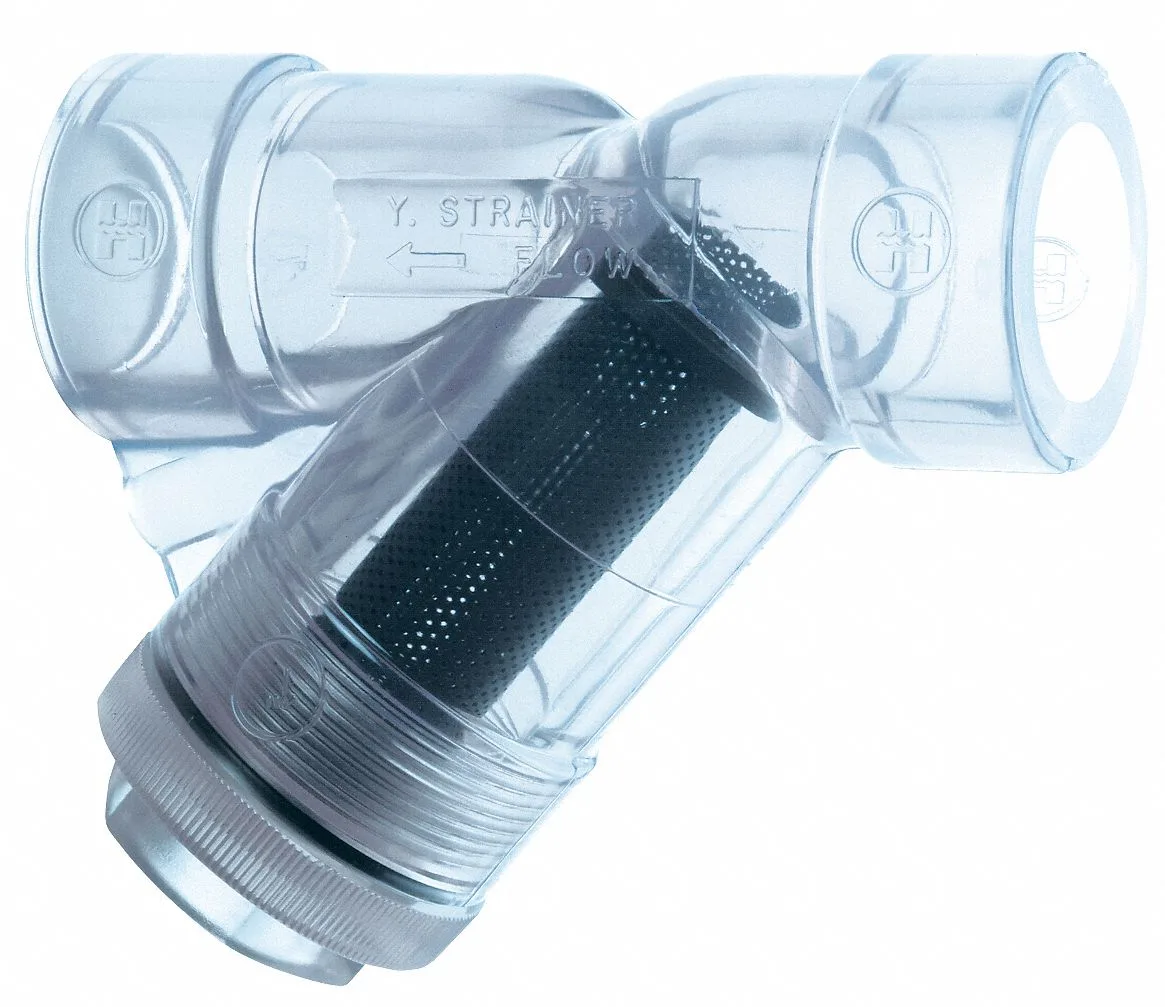 Clear PVC Y-strainer with three threaded ports and visible screen