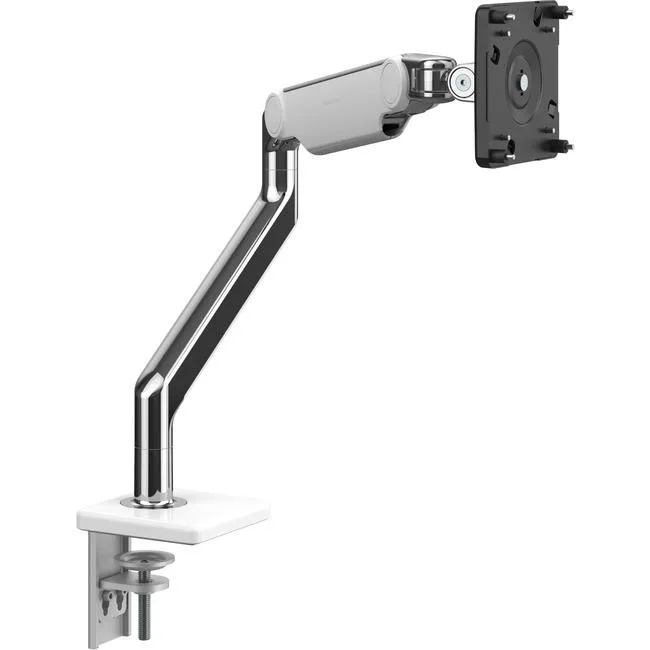 Polished aluminium clamp mount in white supporting two displays