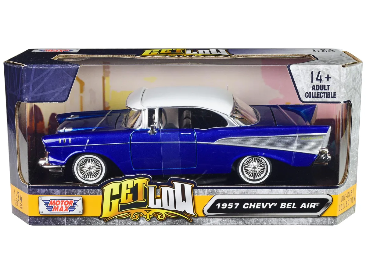 MOTORMAX MOTORMAX 1957 Chevrolet Bel Air Lowrider Candy Blue White Top "Get Low" 1/24 Diecast Hobby Collectible — product photo