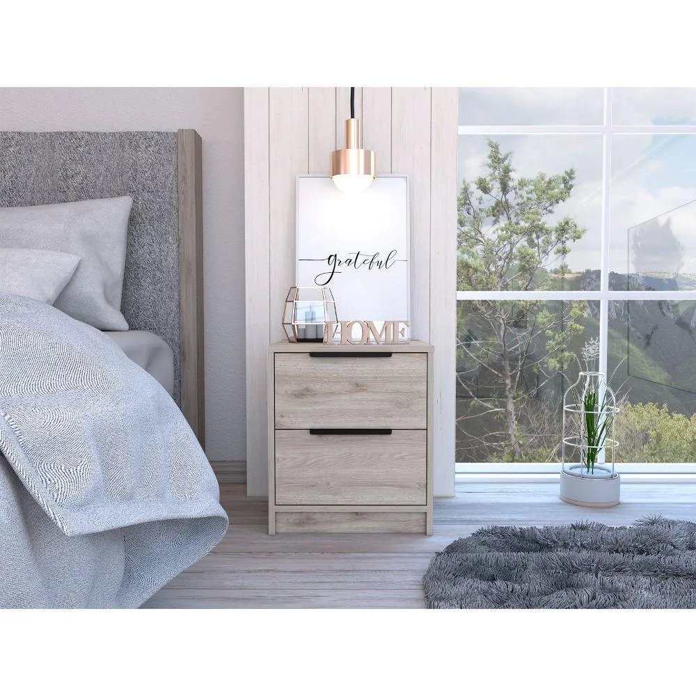 Light gray nightstand with two drawers, 19 inches high