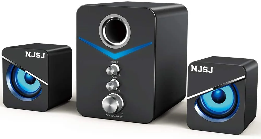 Black 2.1 desktop speaker set with subwoofer and two satellites, blue LED accent, ABS finish