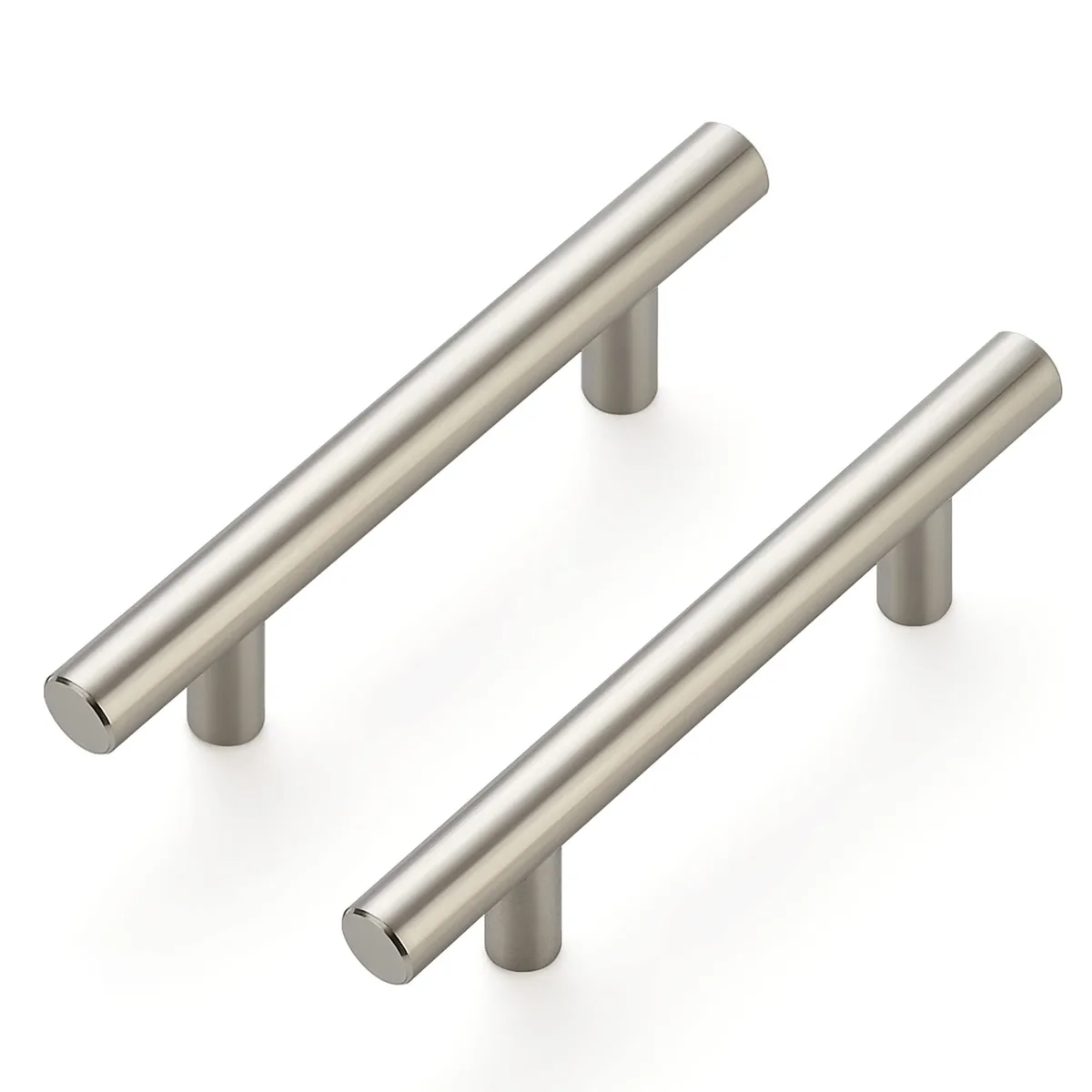 Ten brushed nickel bar pulls with 3 inch hole spacing and 5 inch total length