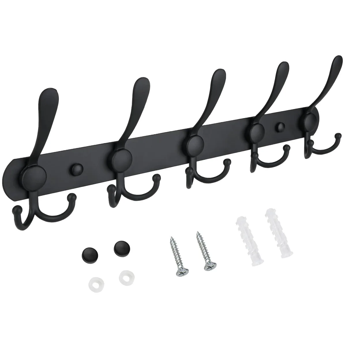 Matte black wall coat rack with five triple hooks