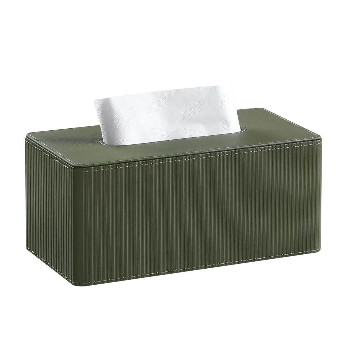 Green rectangular PU leather tissue box cover with magnetic closure, striped texture, 9.8 x 5.5 x 4.3 inches