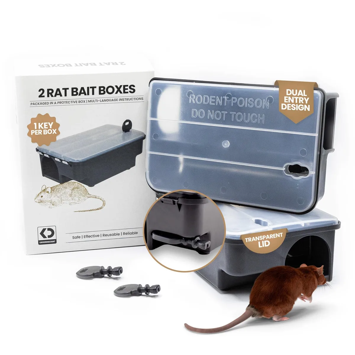  Professional Rat &amp; Mouse Bait Station 2 Lockable Weather-Resistant Boxes Clear Lid Dual Entry — product photo