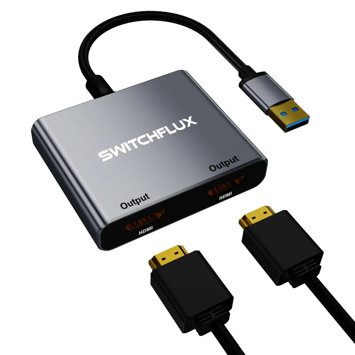 Gray USB 3.0 adapter with aluminum shell and two HDMI ports