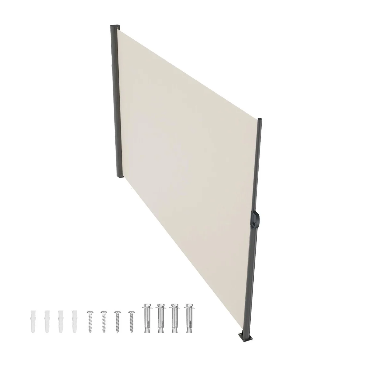 Beige retractable side awning, aluminum frame, polyester fabric, wall brackets included