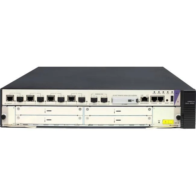 Silver rack-mount router with four RJ-45 ports and one expansion slot