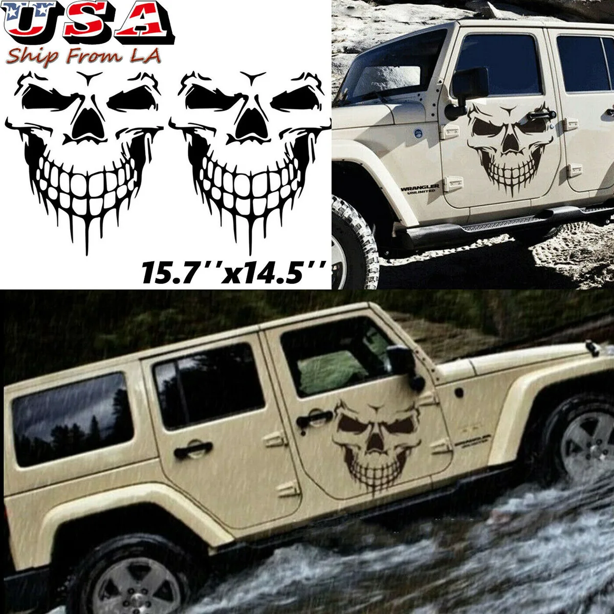 Two black skull vinyl decals for Jeep Wrangler JK, 15.7 by 14.5 inches