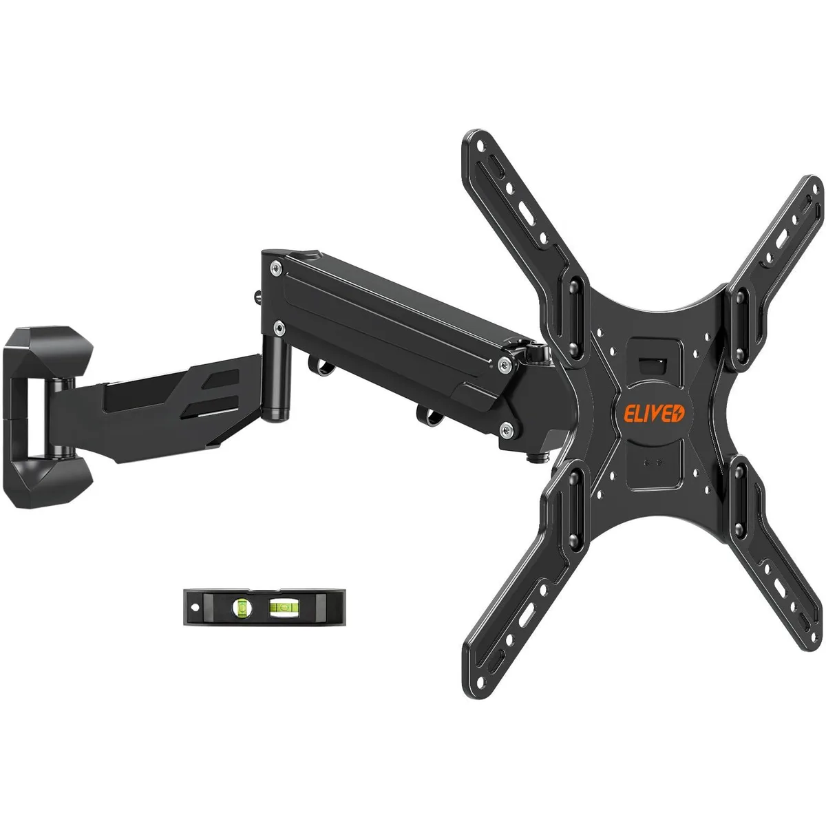 Black full-motion TV wall mount with long articulated arm, spring-assisted height adjustment, tilt and swivel joints